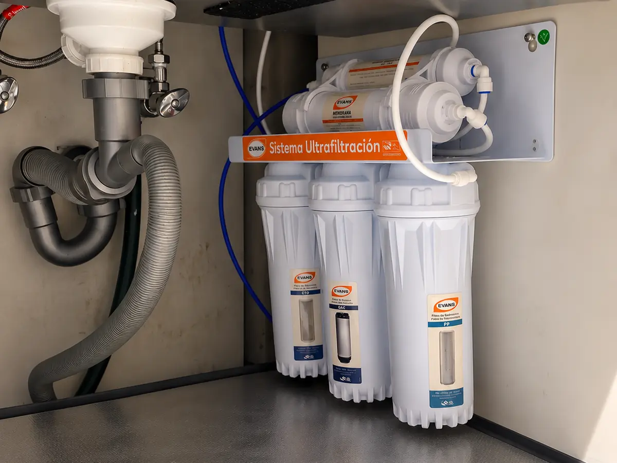 Evans 5-Stage ultrafiltration system installed under a kitchen sink beside the drain, with three filter housings below and the membrane cartridges above