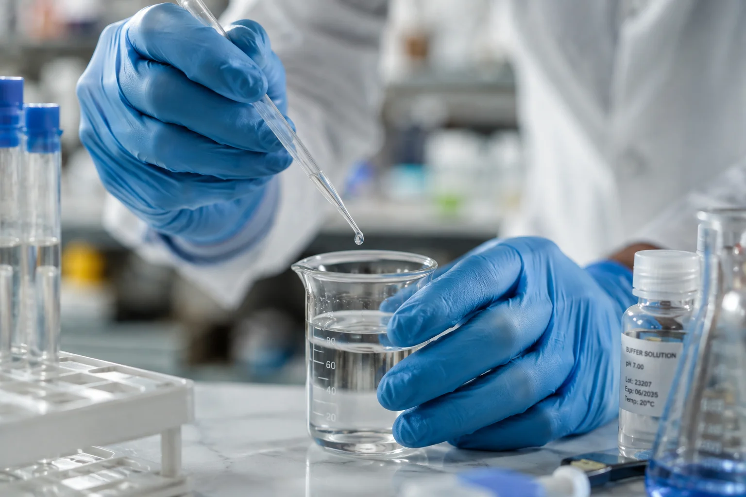 Close-up of a lab technician analyzing a tap water sample for E. coli at an ema-accredited water testing laboratory