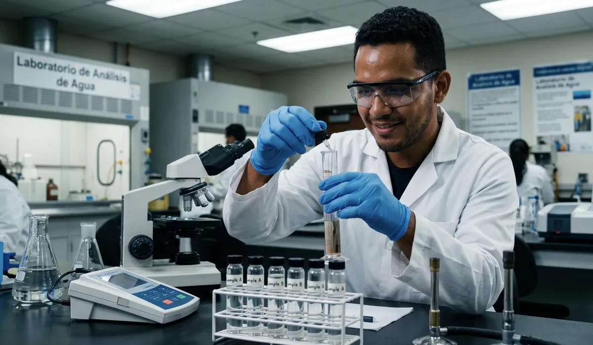 Lab technician analyzing a tap water sample for E. coli at an ema-accredited water testing laboratory