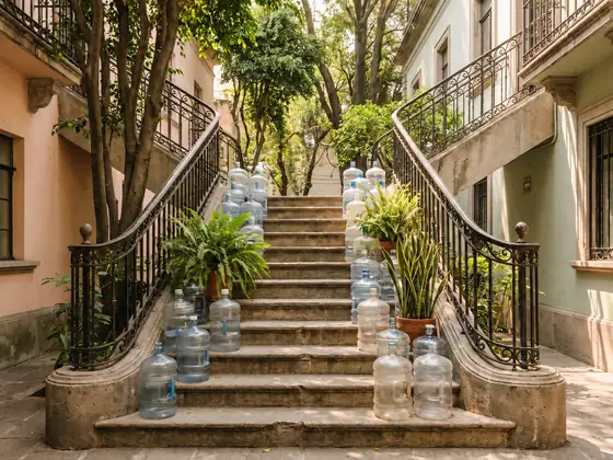 Garrafones lining an ornate stairwell in a Mexico City courtyard