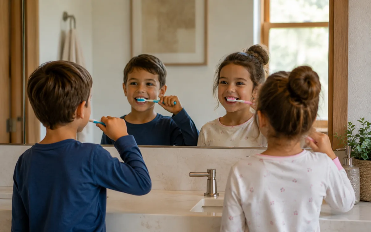Kids brushing their teeth at a filtered bathroom sink