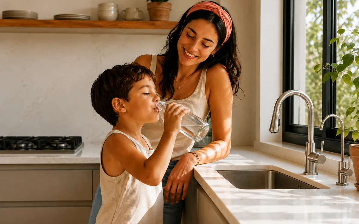 A family drinking filtered water at the kitchen sink