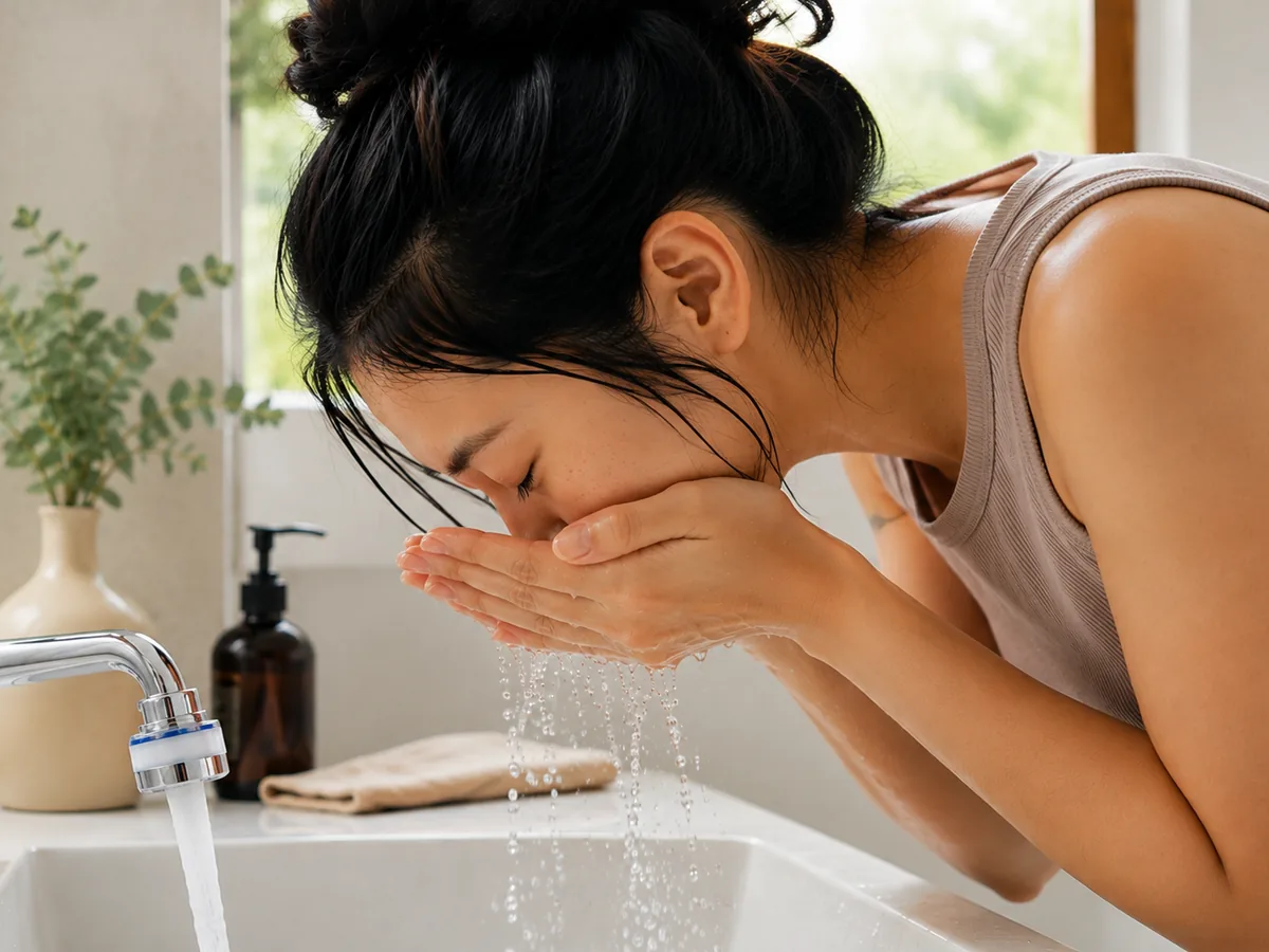 Washing face at a filtered bathroom sink