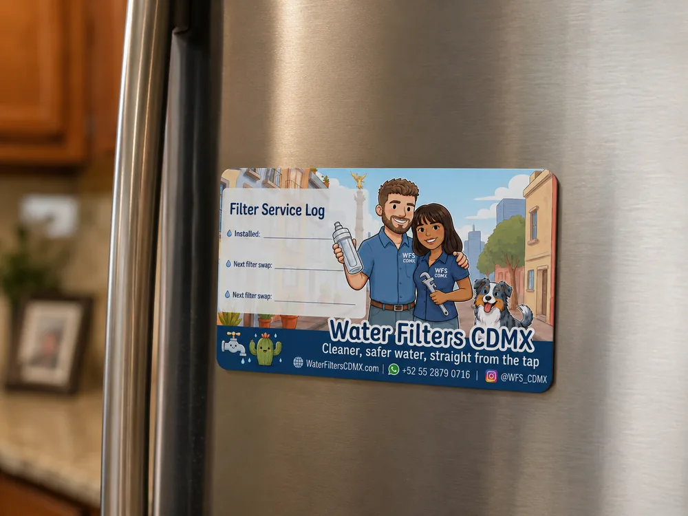 Water Filters CDMX service magnet on a refrigerator door, with blanks for the install date and next filter swap