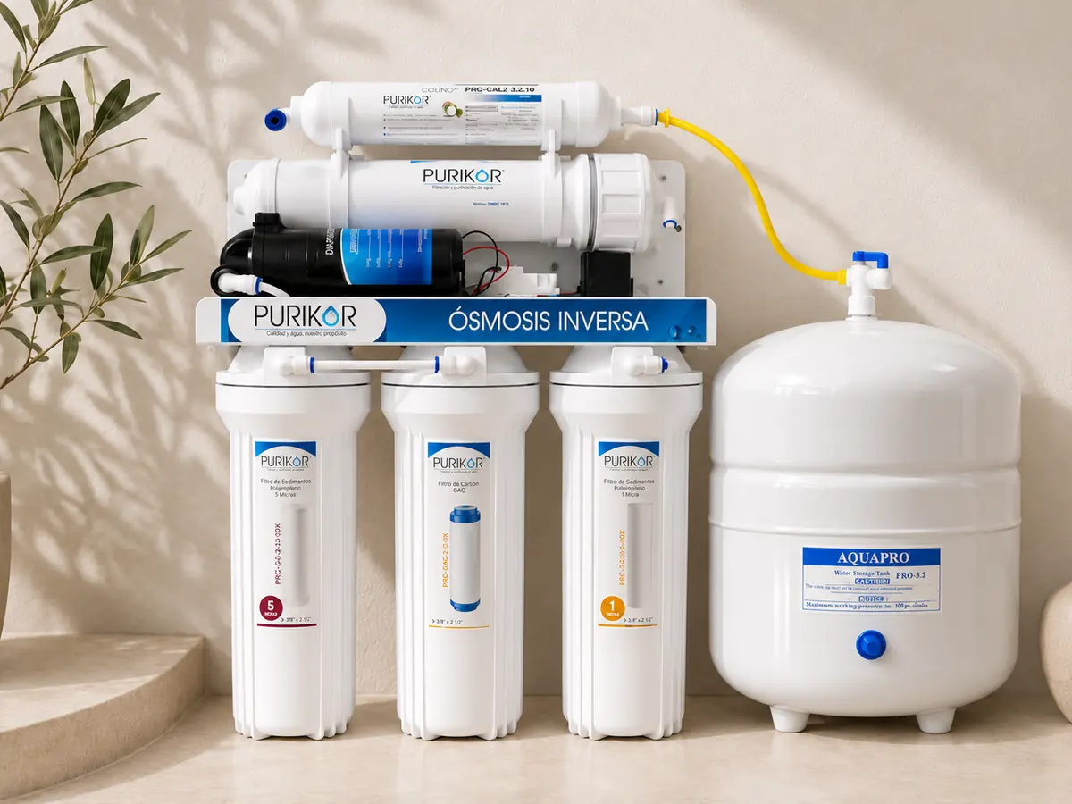 Purikor 5-Stage reverse osmosis system with storage tank, booster pump and three filter housings