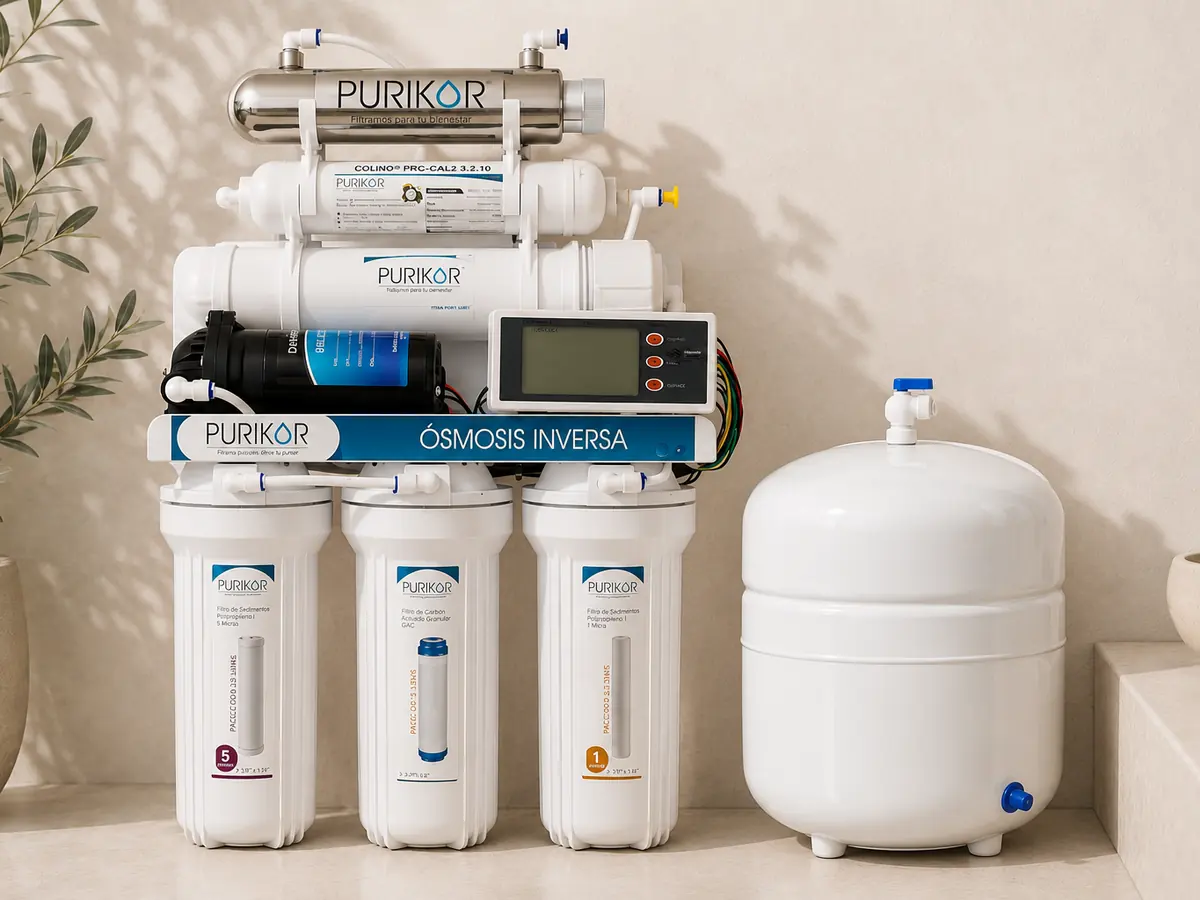 Purikor 6-Stage reverse osmosis system with UV lamp, flow monitor, storage tank and three filter housings