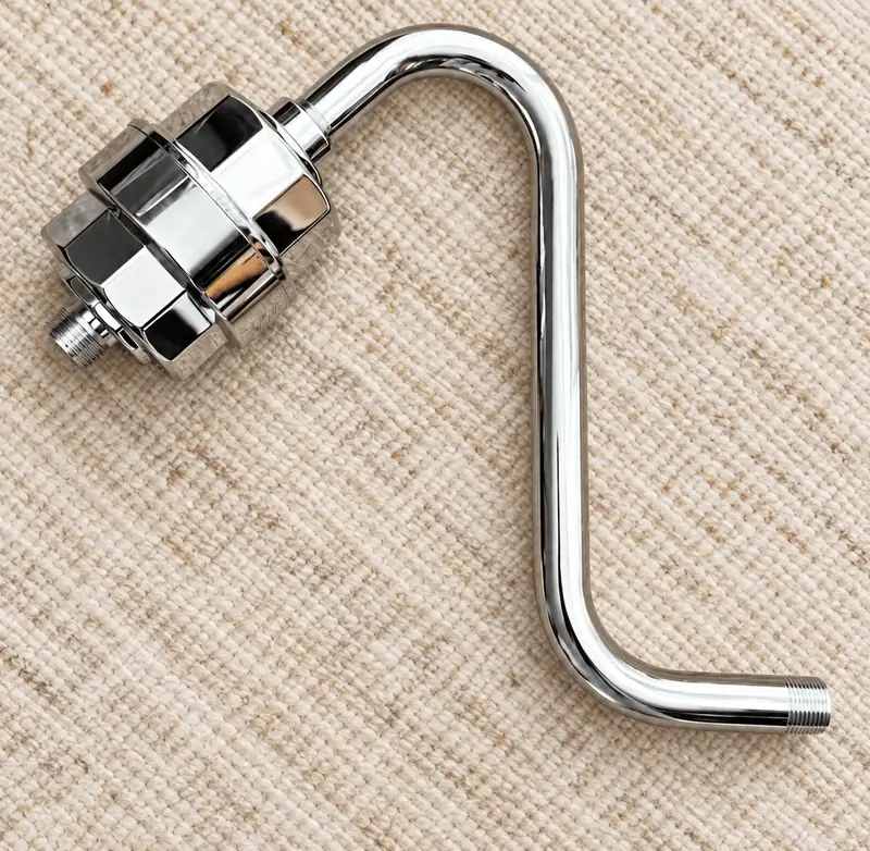 Polished chrome shower arm extension with a showerhead filter attached, on woven beige fabric